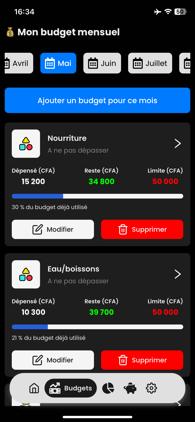 Écran Budgets Sika App